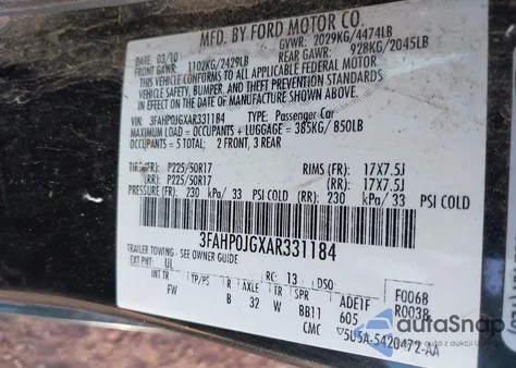 2010 Ford Fusion Sel from USA, damaged, VIN 3FAHP0JGXAR331184